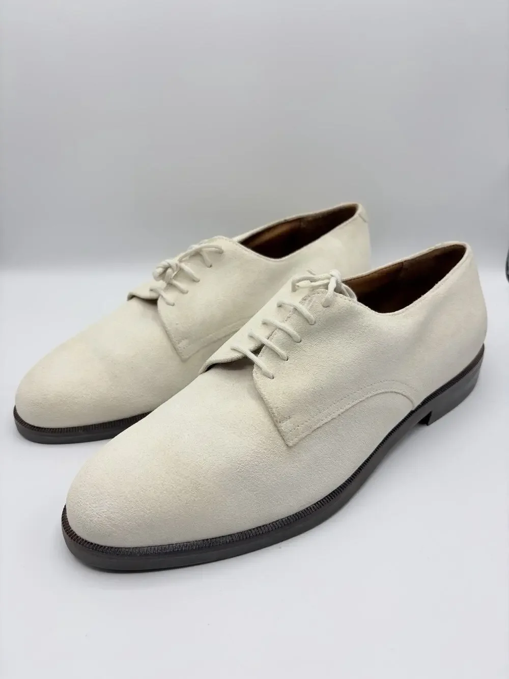 Salvatore Ferragamo Suede Derby Shoes Men 9 D Vibram Sole Italy Cream Beige GOOD